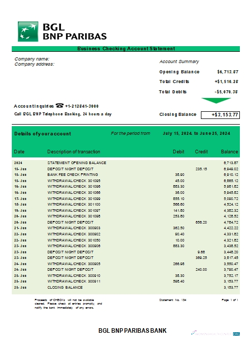 Download BGL BNP Paribas business checking account statement Word and PDF template scr Photoshop template
